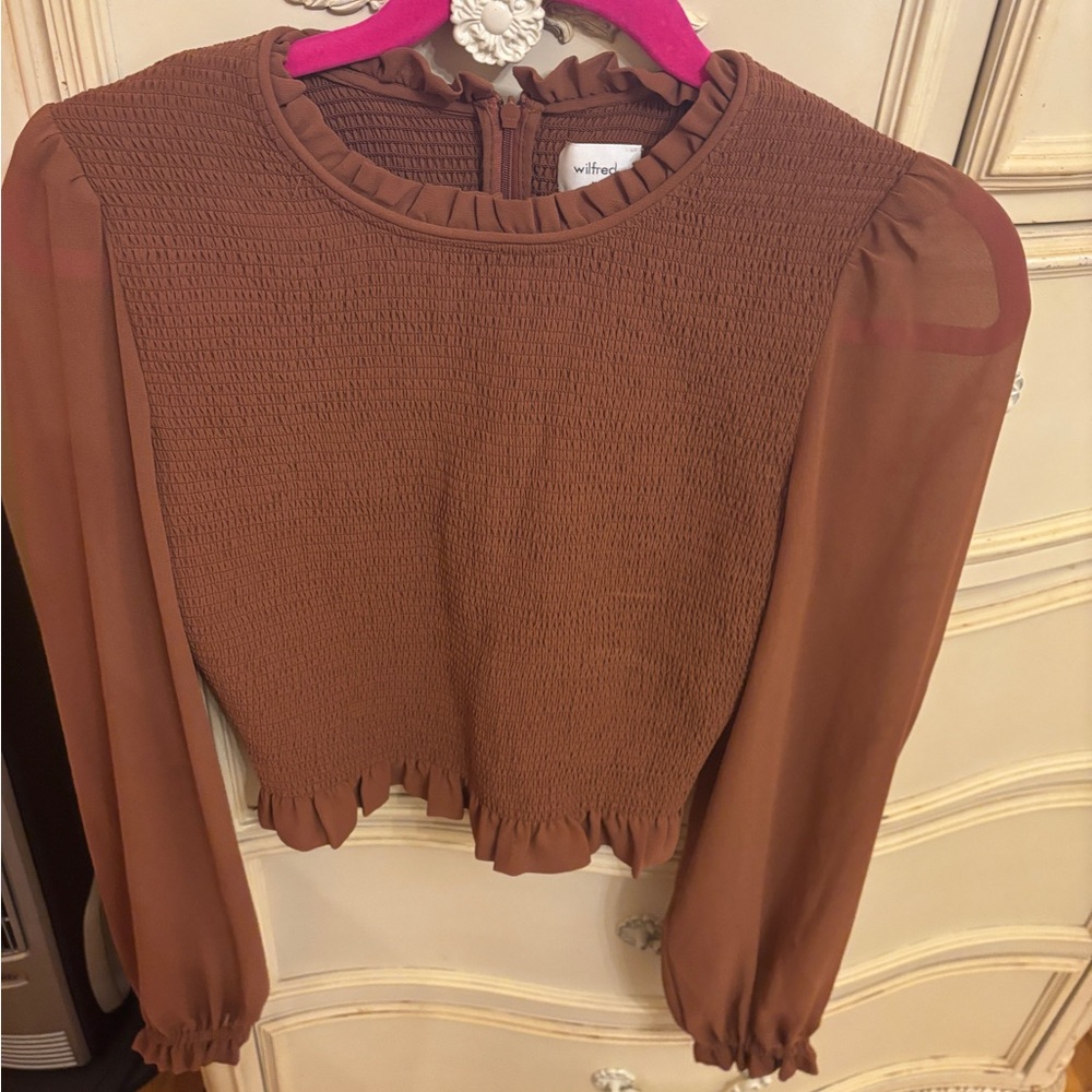 Aritzia Brown Ruffle Smocked Blouse